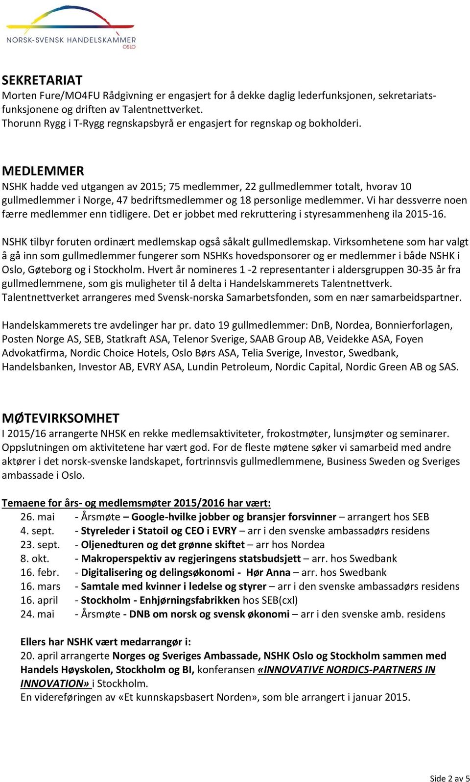 MEDLEMMER NSHK hadde ved utgangen av 2015; 75 medlemmer, 22 gullmedlemmer totalt, hvorav 10 gullmedlemmer i Norge, 47 bedriftsmedlemmer og 18 personlige medlemmer.