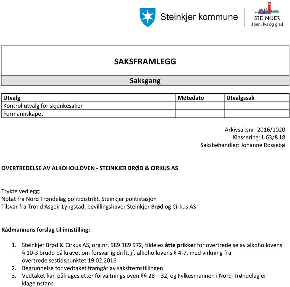 forslag til innstilling: 1. Steinkjer Brød & Cirkus AS, org.nr. 989 189 972, tildeles åtte prikker for overtredelse av alkohollovens 10-3 brudd på kravet om forsvarlig drift, jf.