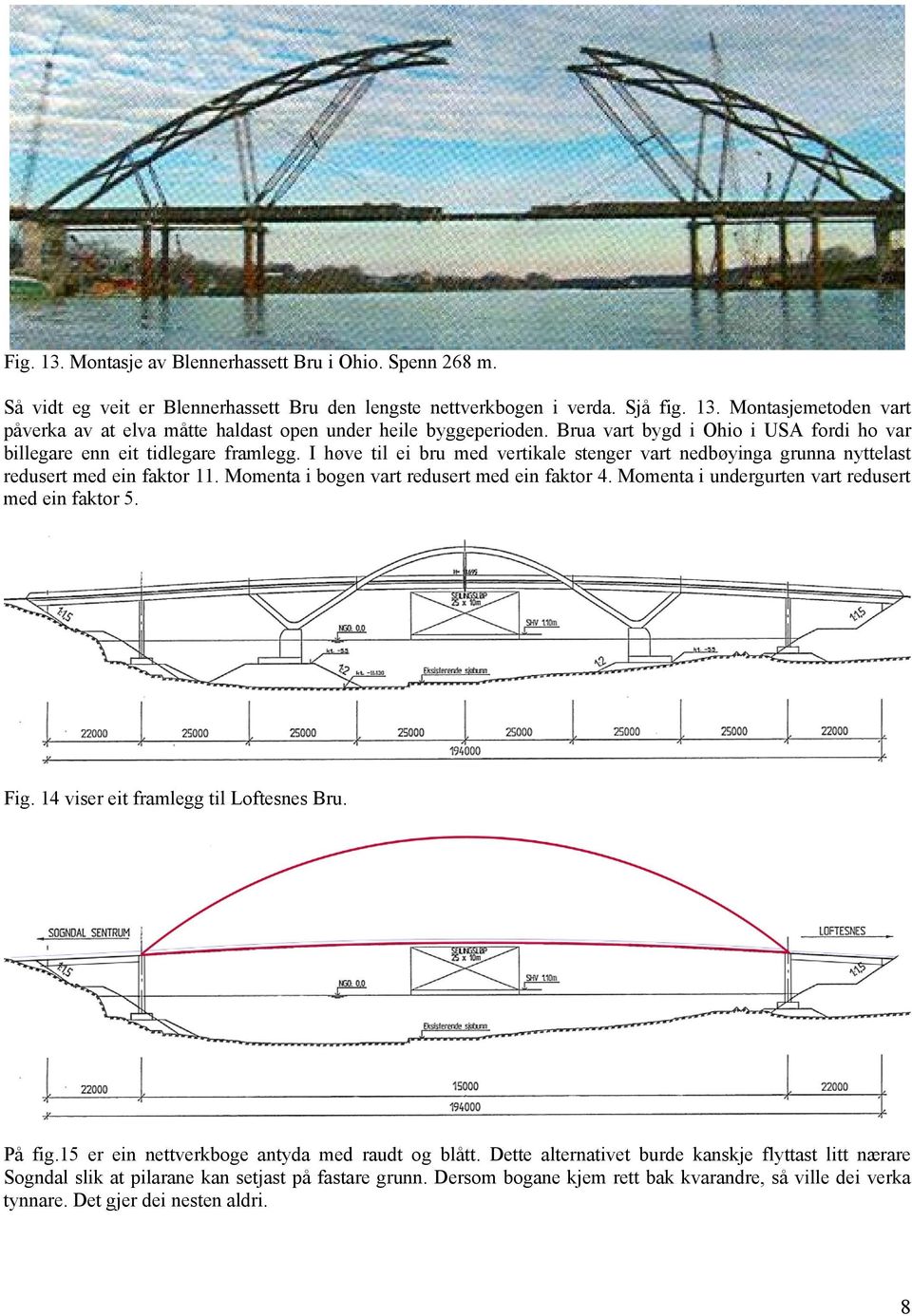 Momenta i bogen vart redusert med ein faktor 4. Momenta i undergurten vart redusert med ein faktor 5. Fig. 14 viser eit framlegg til Loftesnes Bru. På fig.