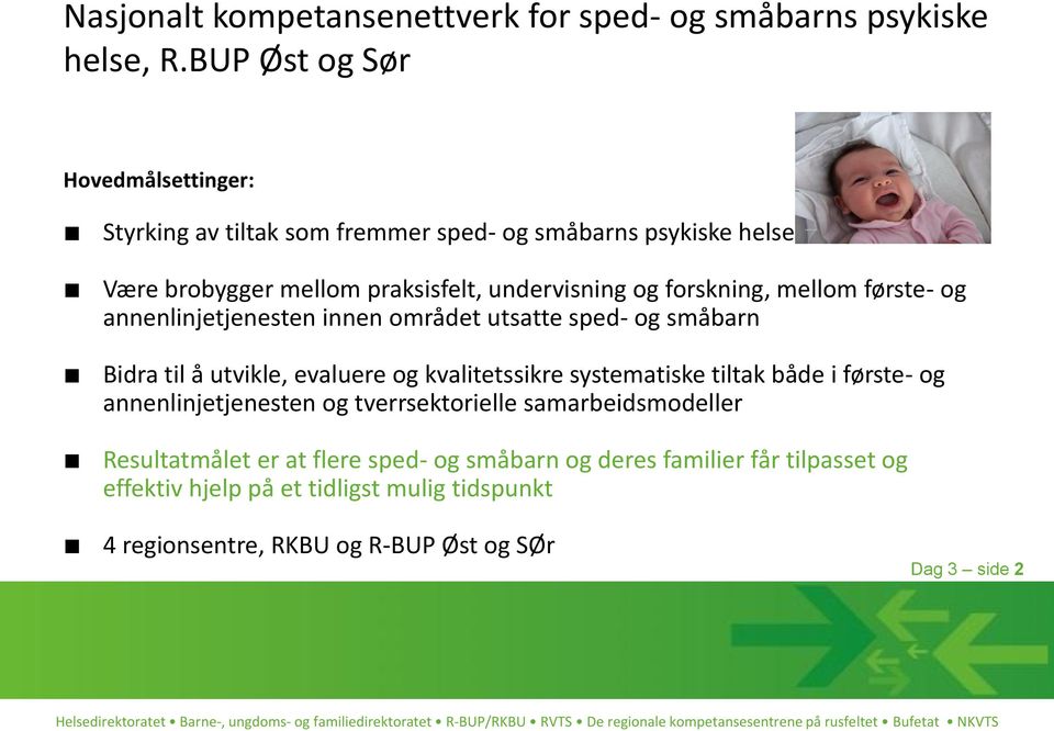 forskning, mellom første- og annenlinjetjenesten innen området utsatte sped- og småbarn Bidra til å utvikle, evaluere og kvalitetssikre systematiske tiltak