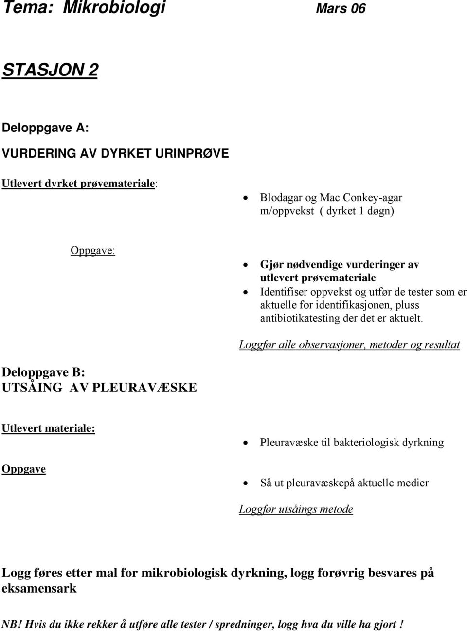 Loggfør alle observasjoner, metoder og resultat Deloppgave B: UTSÅING AV PLEURAVÆSKE Utlevert materiale: Oppgave Pleuravæske til bakteriologisk dyrkning Så ut pleuravæskepå aktuelle