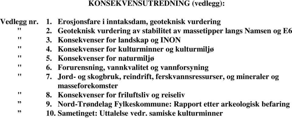 Konsekvenser for kulturminner og kulturmiljø " 5. Konsekvenser for naturmiljø " 6. Forurensning, vannkvalitet og vannforsyning " 7.