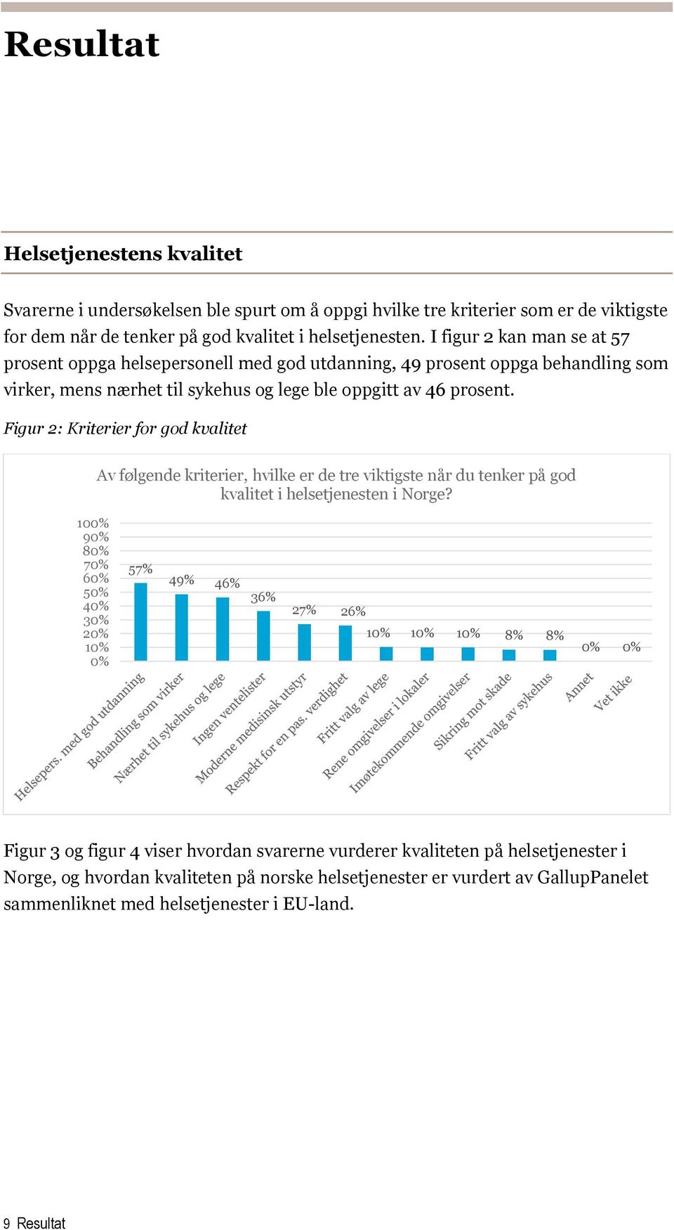 Figur 2: Kriterier for god kvalitet Av følgende kriterier, hvilke er de tre viktigste når du tenker på god kvalitet i helsetjenesten i Norge?