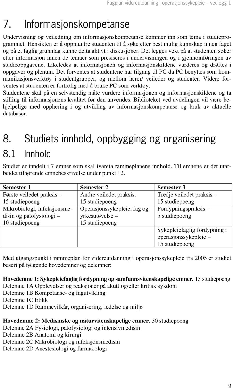 Det legges vekt på at studenten søker etter informasjon innen de temaer som presiseres i undervisningen og i gjennomføringen av studieoppgavene.