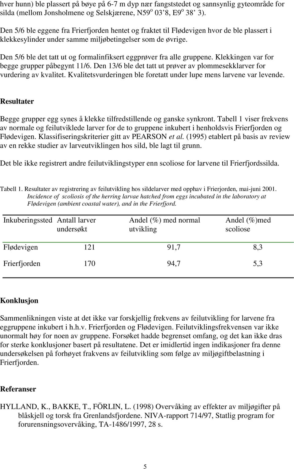 Den 5/6 ble det tatt ut og formalinfiksert eggprøver fra alle gruppene. Klekkingen var for begge grupper påbegynt 11/6. Den 13/6 ble det tatt ut prøver av plommesekklarver for vurdering av kvalitet.