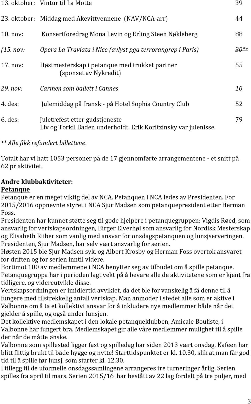 des: Julemiddag på fransk - på Hotel Sophia Country Club 52 6. des: Juletrefest etter gudstjeneste 79 Liv og Torkil Baden underholdt. Erik Koritzinsky var julenisse. ** Alle fikk refundert billettene.