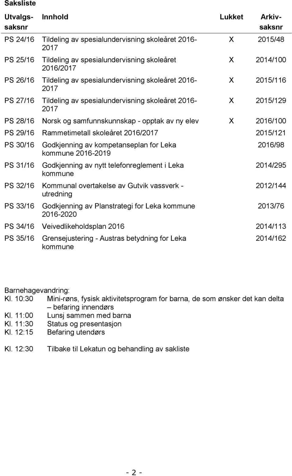 X 2016/100 PS 29/16 Rammetimetall skoleåret 2016/2017 2015/121 PS 30/16 PS 31/16 Godkjenning av kompetanseplan for Leka kommune 2016-2019 Godkjenning av nytt telefonreglement i Leka kommune PS 32/16