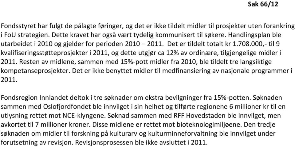 000,- til 9 kvalifiseringsstøtteprosjekter i 2011, og dette utgjør ca 12% av ordinære, tilgjengelige midler i 2011.