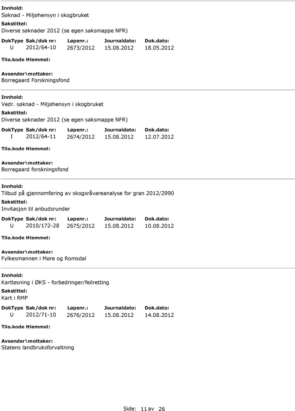 søknad - Miljøhensyn i skogbruket Diverse søknader 2012 (se egen saksmappe NFR) 2012/64-11 2674/2012 12.07.