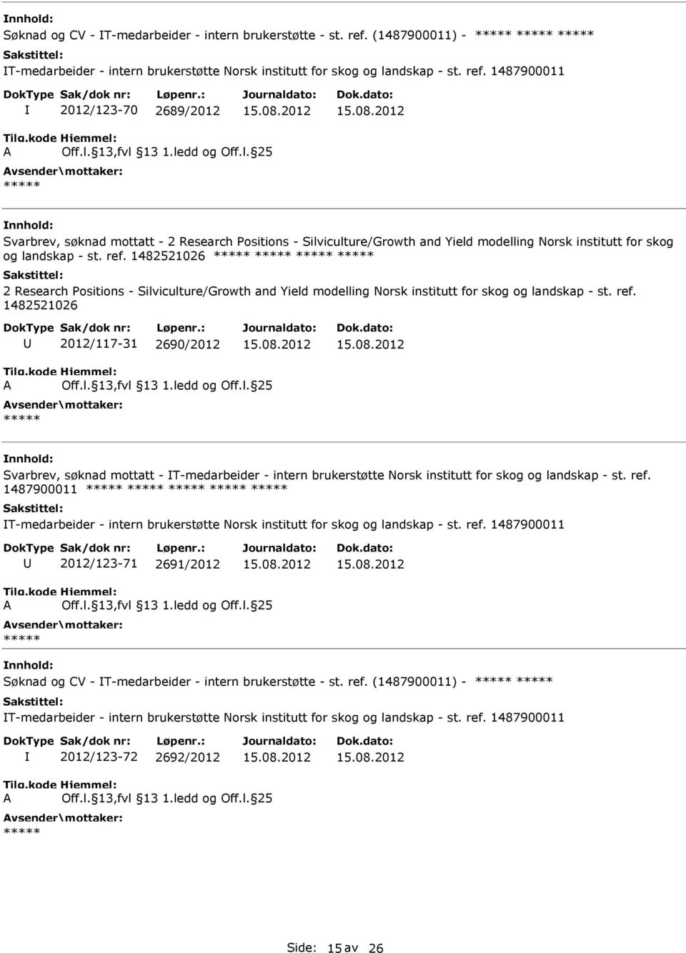 1487900011 2012/123-70 2689/2012 Svarbrev, søknad mottatt - 2 Research Positions - Silviculture/Growth and Yield modelling Norsk institutt for skog og landskap - st. ref.