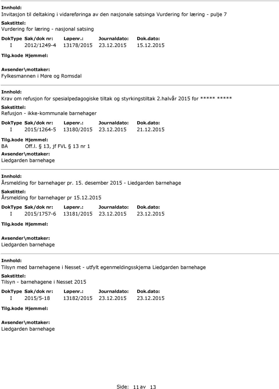 halvår 2015 for ***** ***** Refusjon - ikke-kommunale barnehager 2015/1264-5 13180/2015 BA Off.l. 13, jf FVL 13 nr 1 Liedgarden barnehage nnhold: Årsmelding for barnehager pr. 15.