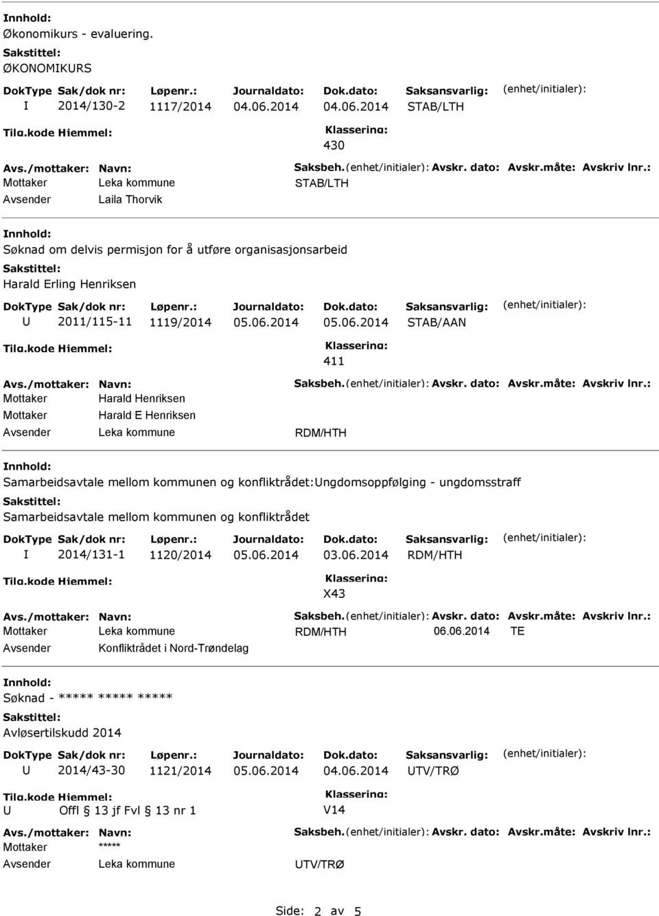 dato: Avskr.måte: Avskriv lnr.: Mottaker Harald Henriksen Mottaker Harald E Henriksen :ngdomsoppfølging - ungdomsstraff 2014/131-1 1120/2014 X43 Avs./mottaker: Navn: Saksbeh. Avskr. dato: Avskr.