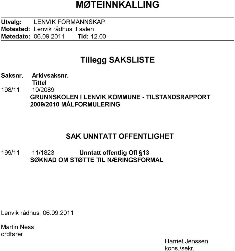 Tittel 198/11 10/2089 GRUNNSKOLEN I LENVIK KOMMUNE - TILSTANDSRAPPORT 2009/2010 MÅLFORMULERING SAK