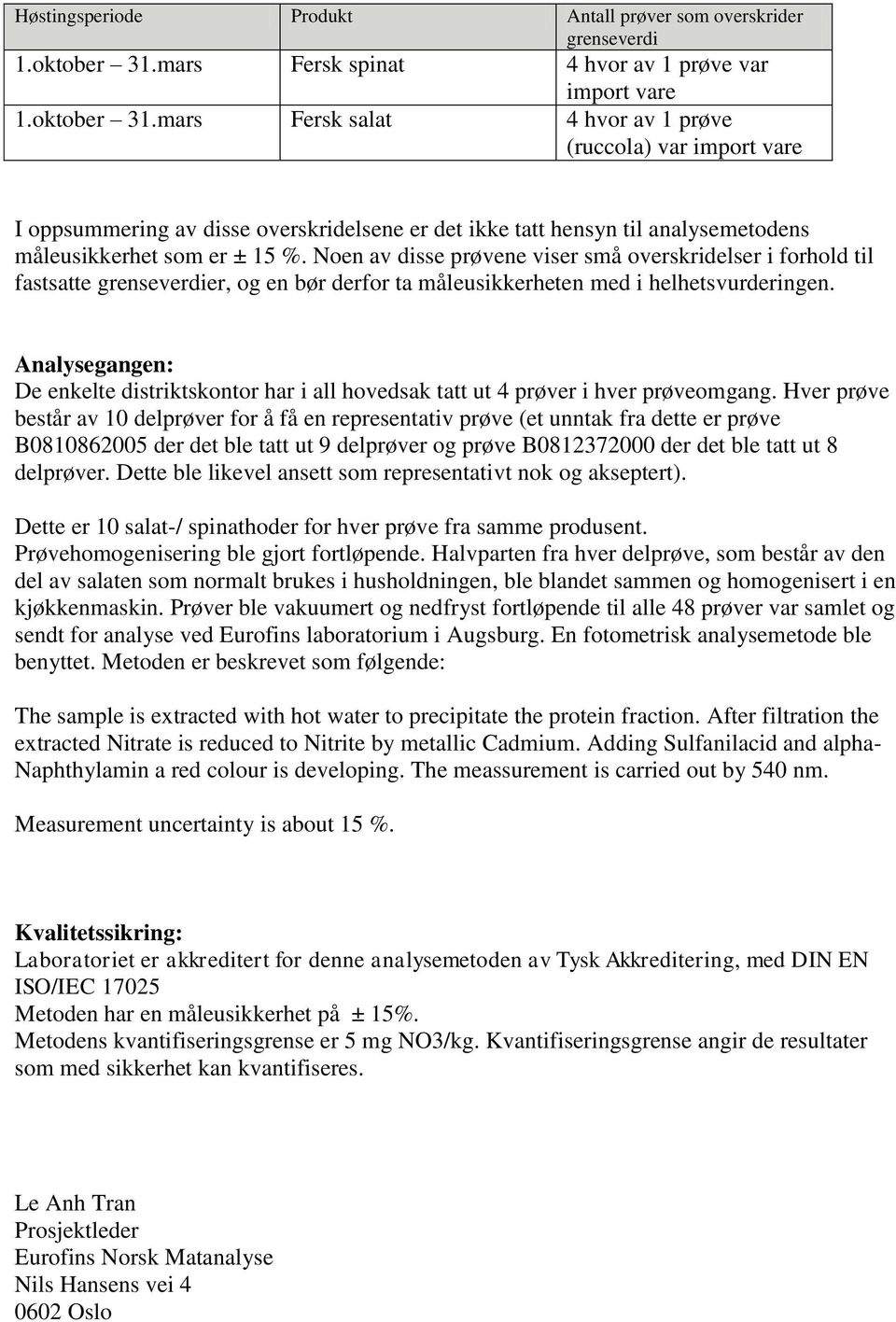 mars Fersk salat 4 hvor av 1 prøve (ruccola) var import vare I oppsummering av disse overskridelsene er det ikke tatt hensyn til analysemetodens måleusikkerhet som er ± 15 %.