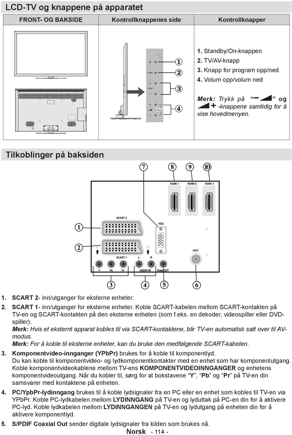 Koble SCART-kabelen mellom SCART-kontakten på TV-en og SCART-kontakten på den eksterne enheten (som f.eks. en dekoder, videospiller eller DVDspiller).