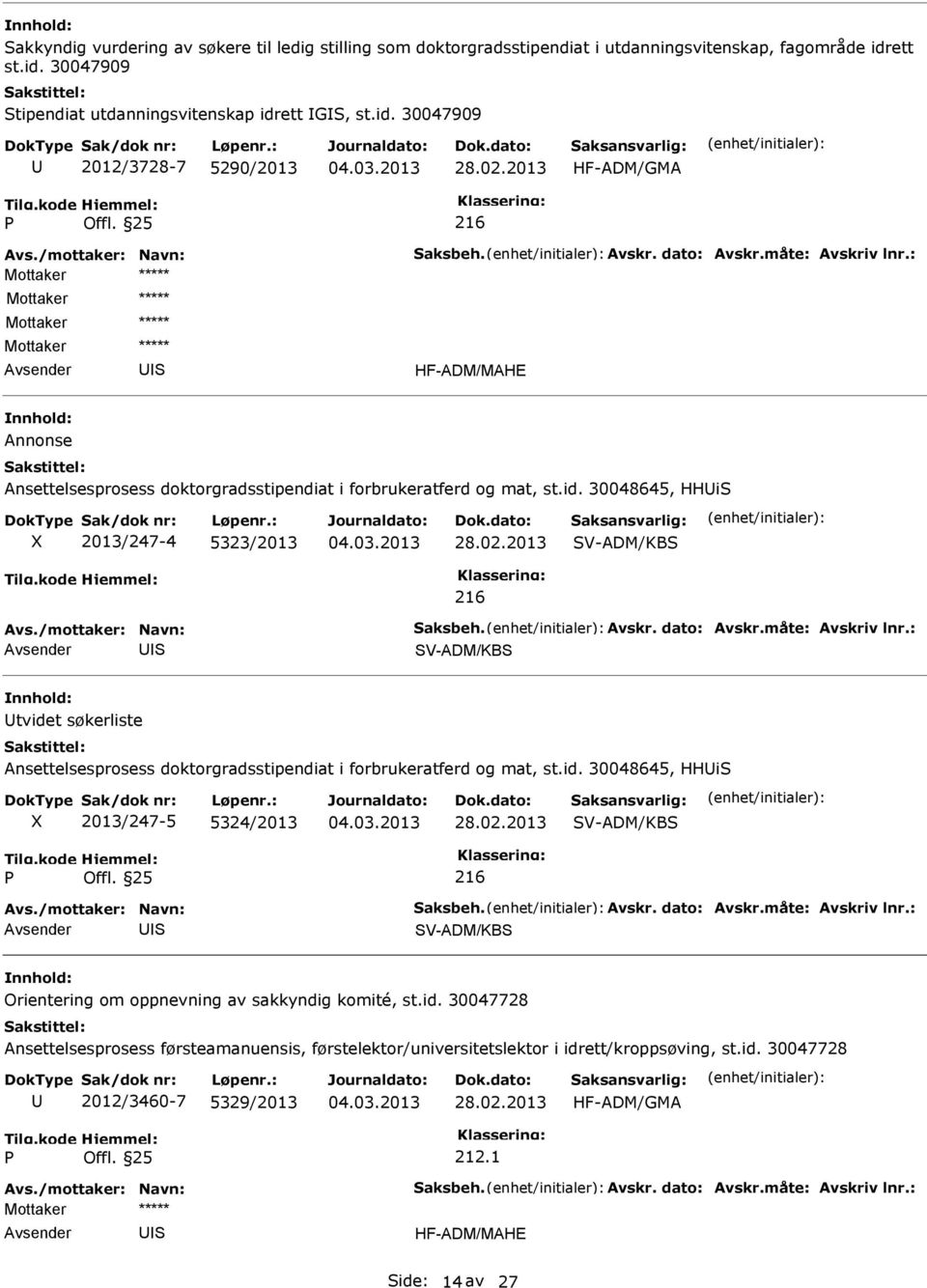 id. 30048645, HHi 2013/247-4 5323/2013 V-ADM/KB 216 V-ADM/KB tvidet søkerliste Ansettelsesprosess doktorgradsstipendiat i forbrukeratferd og mat, st.id. 30048645, HHi 2013/247-5 5324/2013 V-ADM/KB 216 V-ADM/KB Orientering om oppnevning av sakkyndig komité, st.