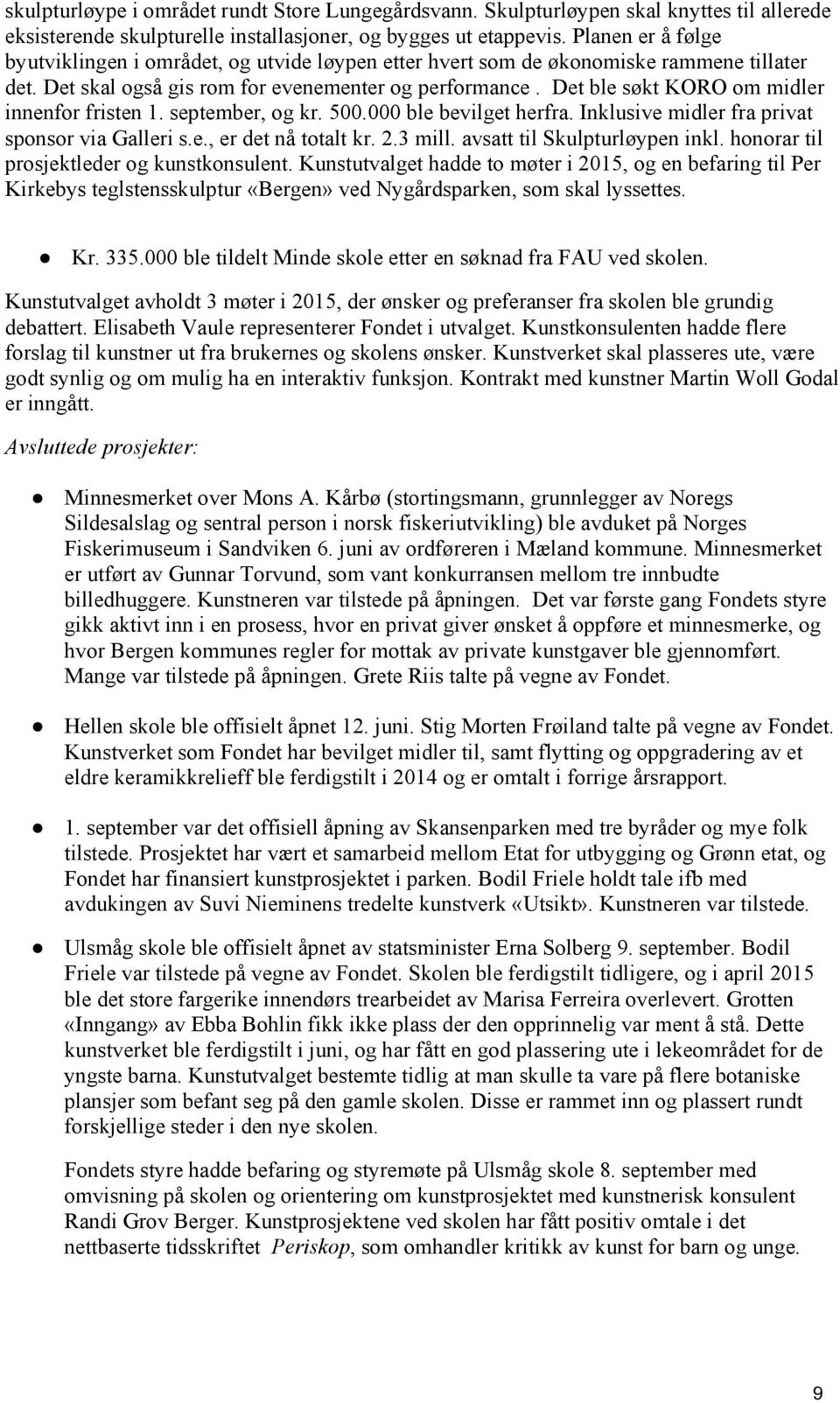 Det ble søkt KORO om midler innenfor fristen 1. september, og kr. 500.000 ble bevilget herfra. Inklusive midler fra privat sponsor via Galleri s.e., er det nå totalt kr. 2.3 mill.