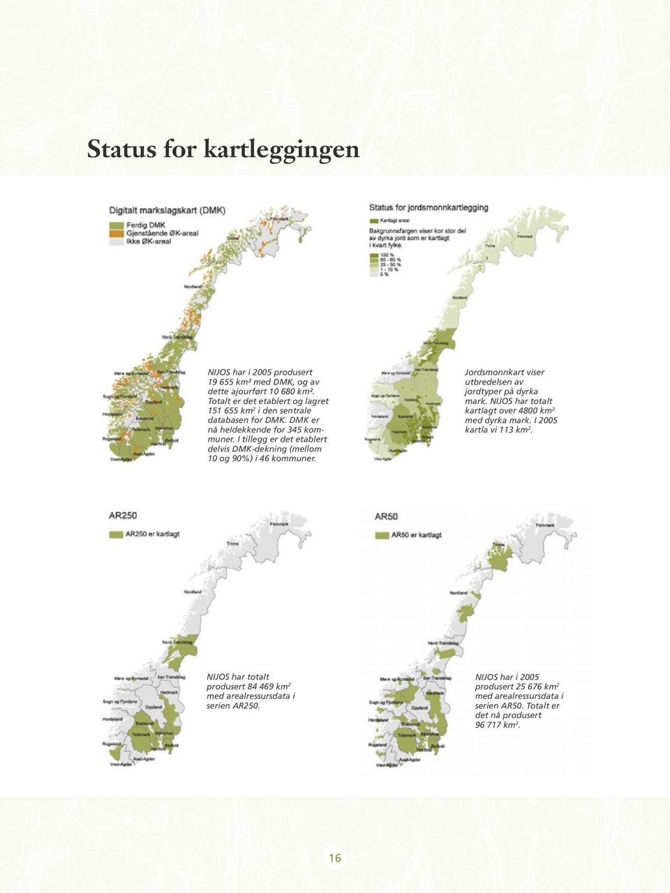 I tillegg er det etablert delvis DMK-dekning (mellom 10 og 90%) i 46 kommuner. Jordsmonnkart viser utbredelsen av jordtyper på dyrka mark.