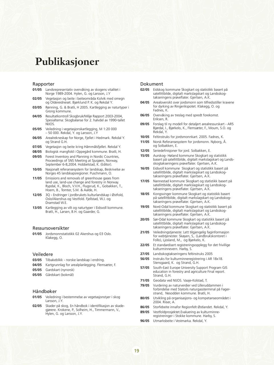 halvdel av 1990-tallet NIJOS. 05/05 Veiledning i vegetasjonskartlegging, M 1:20 000 50 000. Rekdal, Y. og Larsson, J.Y 06/05 Arealrekneskap for Norge, Fjellet i He