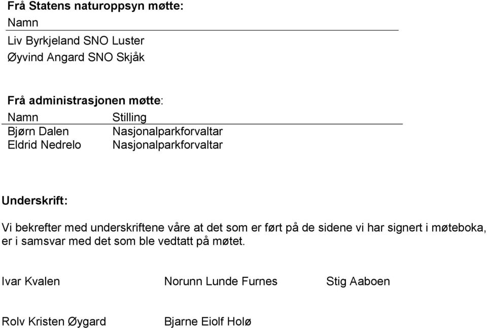 bekrefter med underskriftene våre at det som er ført på de sidene vi har signert i møteboka, er i samsvar