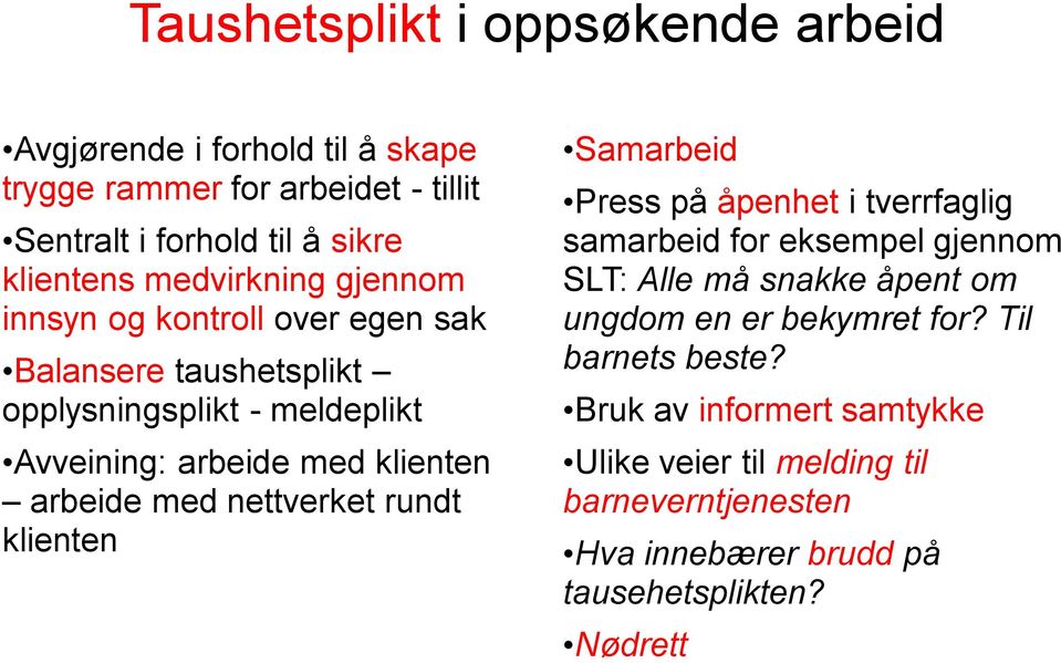 med nettverket rundt klienten Samarbeid Press på åpenhet i tverrfaglig samarbeid for eksempel gjennom SLT: Alle må snakke åpent om ungdom en er