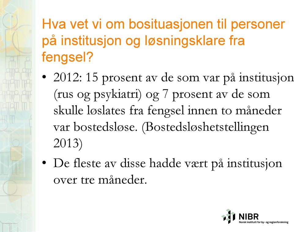 2012: 15 prosent av de som var på institusjon (rus og psykiatri) og 7 prosent av