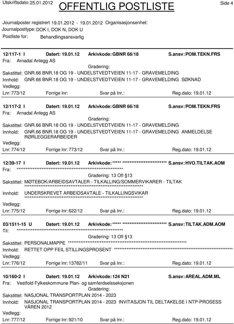 12 12/117-2 I Datert: 19.01.12 Arkivkode:GBNR 66/18 S.ansv: POM.TEKN.FRS Fra: Arnadal Anlegg AS Sakstittel: GNR.66 BNR.