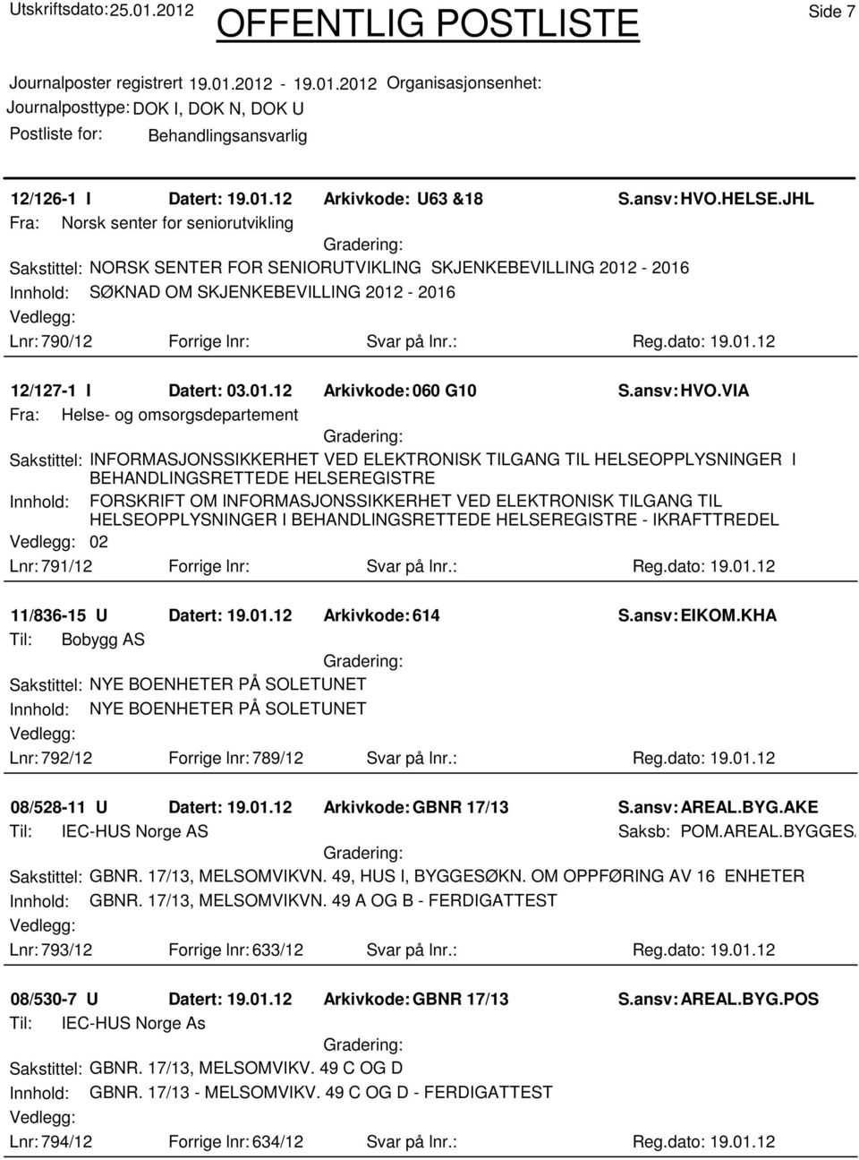 lnr: Svar på lnr.: Reg.dato: 19.01.12 12/127-1 I Datert: 03.01.12 Arkivkode:060 G10 S.ansv: HVO.