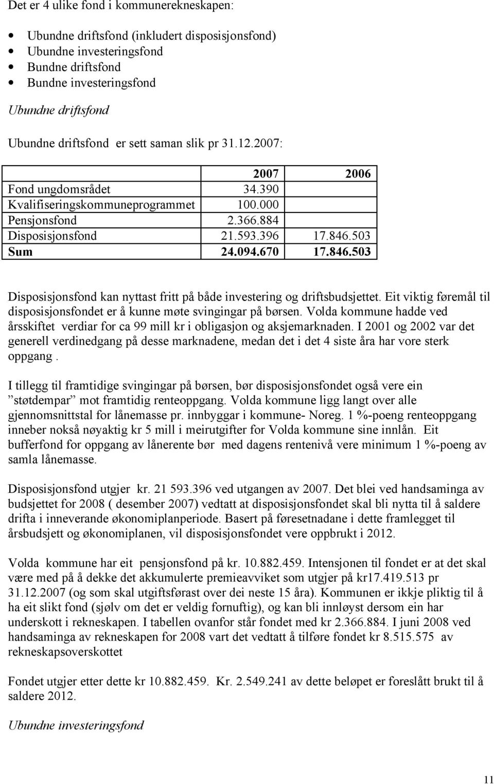 503 Sum 24.094.670 17.846.503 Disposisjonsfond kan nyttast fritt på både investering og driftsbudsjettet. Eit viktig føremål til disposisjonsfondet er å kunne møte svingingar på børsen.