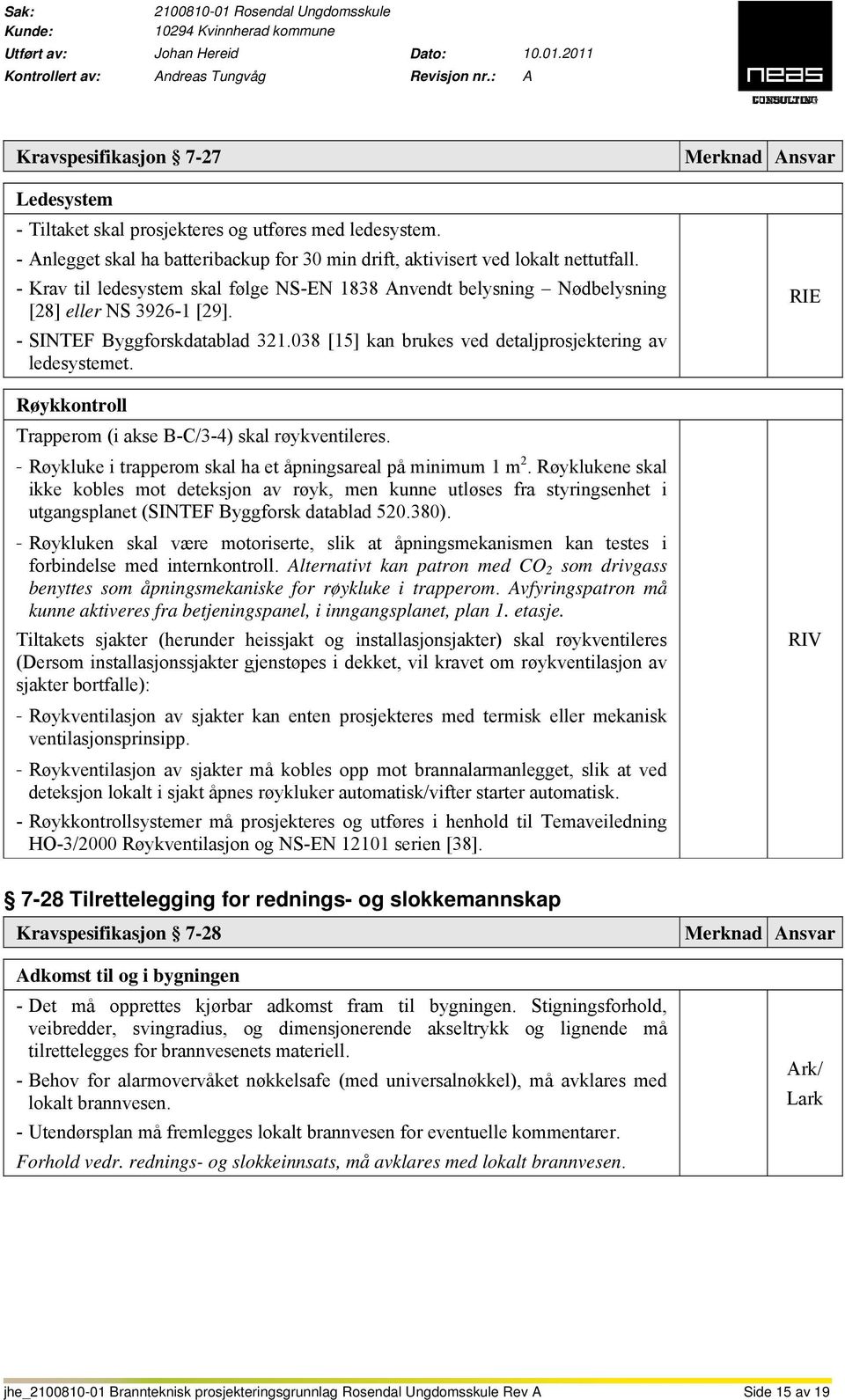 Røykkontroll Trapperom (i akse B-C/3-4) skal røykventileres. - Røykluke i trapperom skal ha et åpningsareal på minimum 1 m 2.