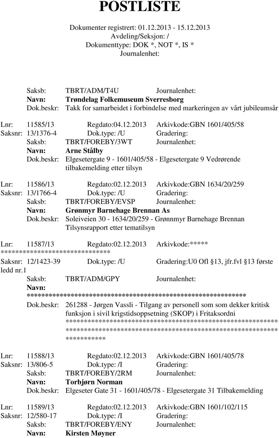 beskr: Elgesetergate 9-1601/405/58 - Elgesetergate 9 Vedrørende tilbakemelding etter tilsyn Lnr: 11586/13 Regdato:02.12.2013 Arkivkode:GBN 1634/20/259 Saksnr: 13/1766-4 Dok.