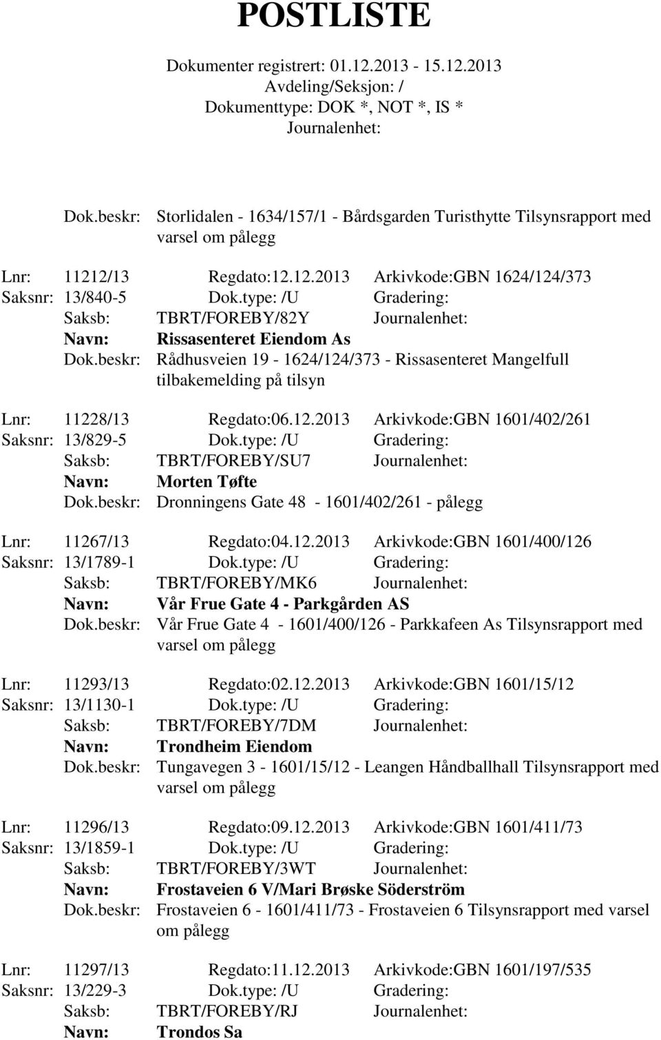 type: /U Gradering: Saksb: TBRT/FOREBY/SU7 Navn: Morten Tøfte Dok.beskr: Dronningens Gate 48-1601/402/261 - pålegg Lnr: 11267/13 Regdato:04.12.2013 Arkivkode:GBN 1601/400/126 Saksnr: 13/1789-1 Dok.