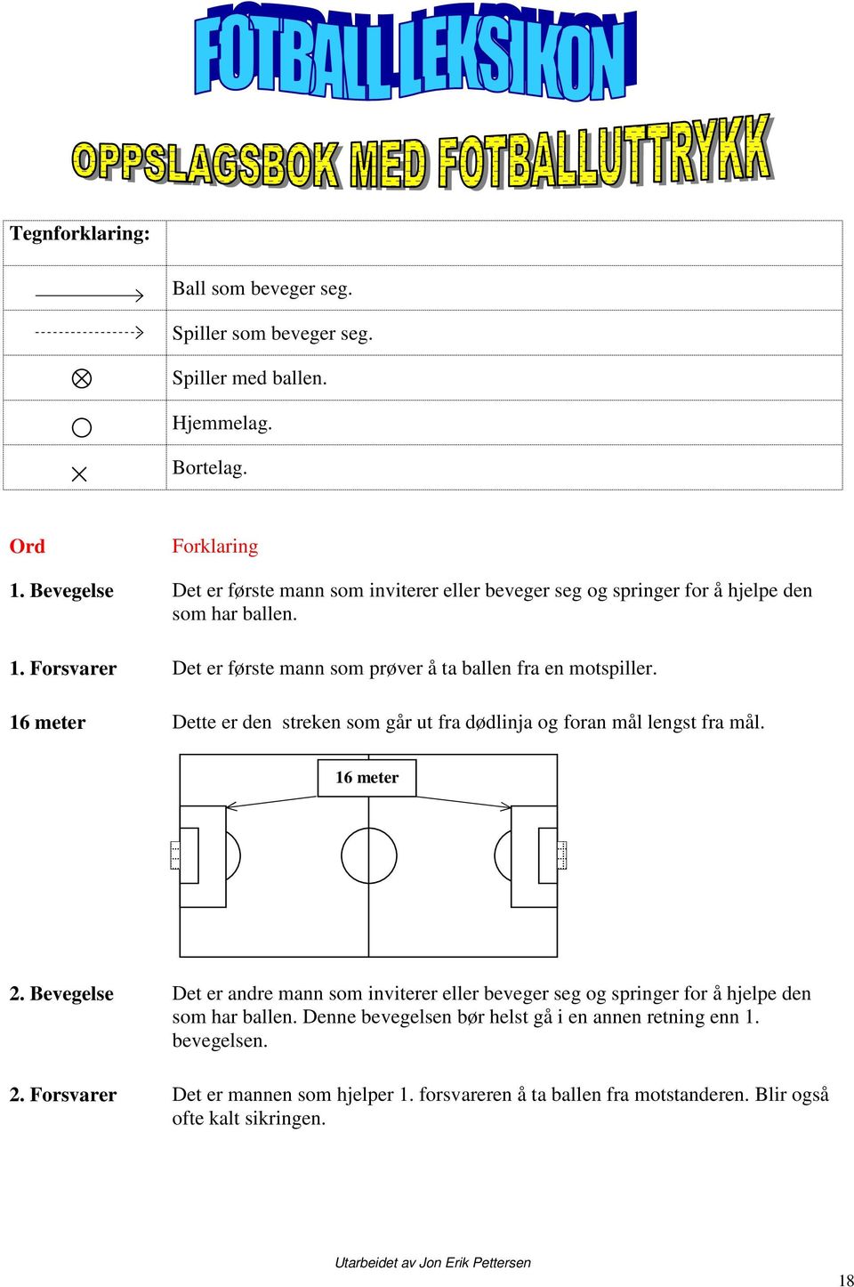 Forsvarer Det er første mann som prøver å ta ballen fra en motspiller. 16 meter Dette er den streken som går ut fra dødlinja og foran mål lengst fra mål. 16 meter 2.