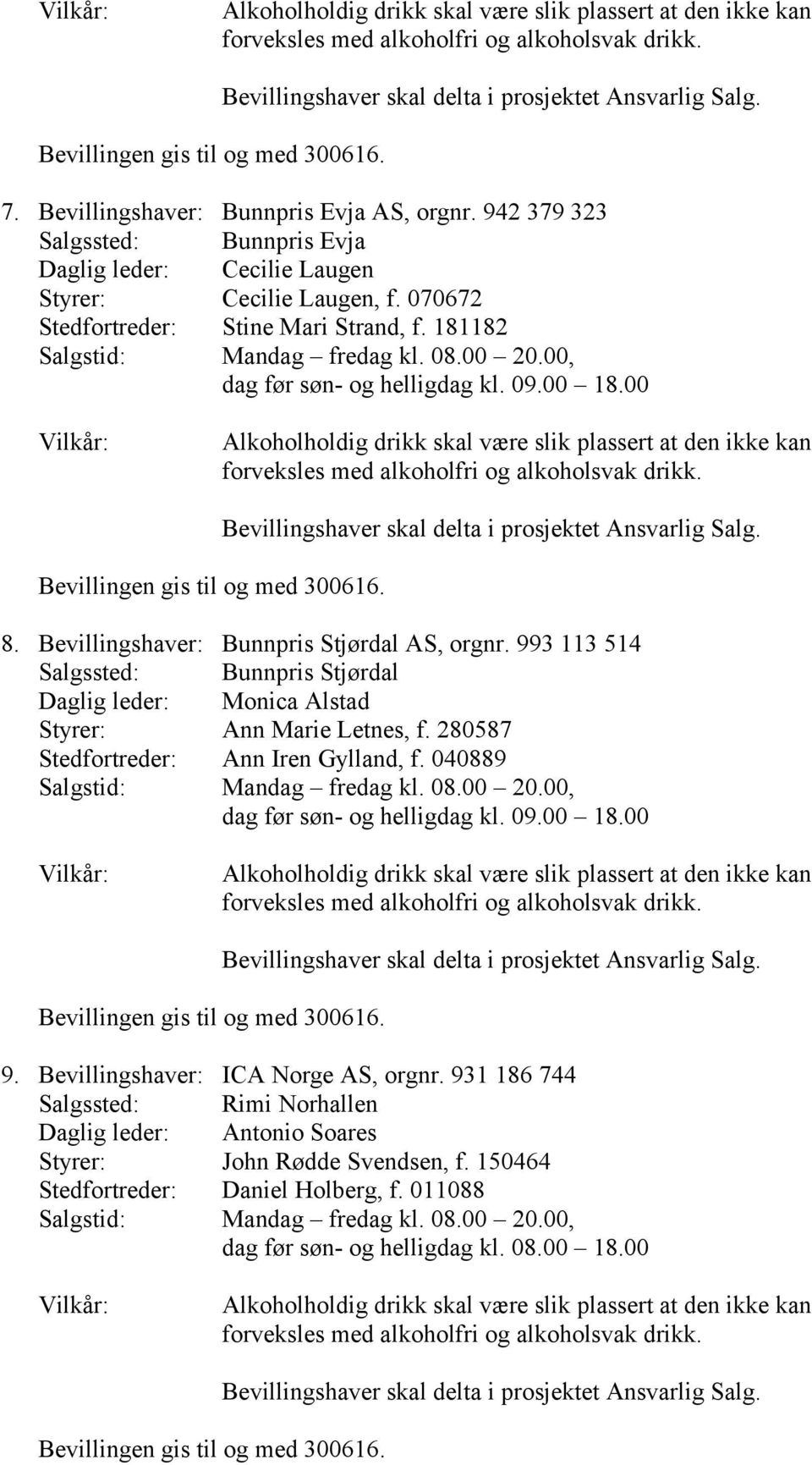 993 113 514 Salgssted: Bunnpris Stjørdal Daglig leder: Monica Alstad Styrer: Ann Marie Letnes, f. 280587 Stedfortreder: Ann Iren Gylland, f.