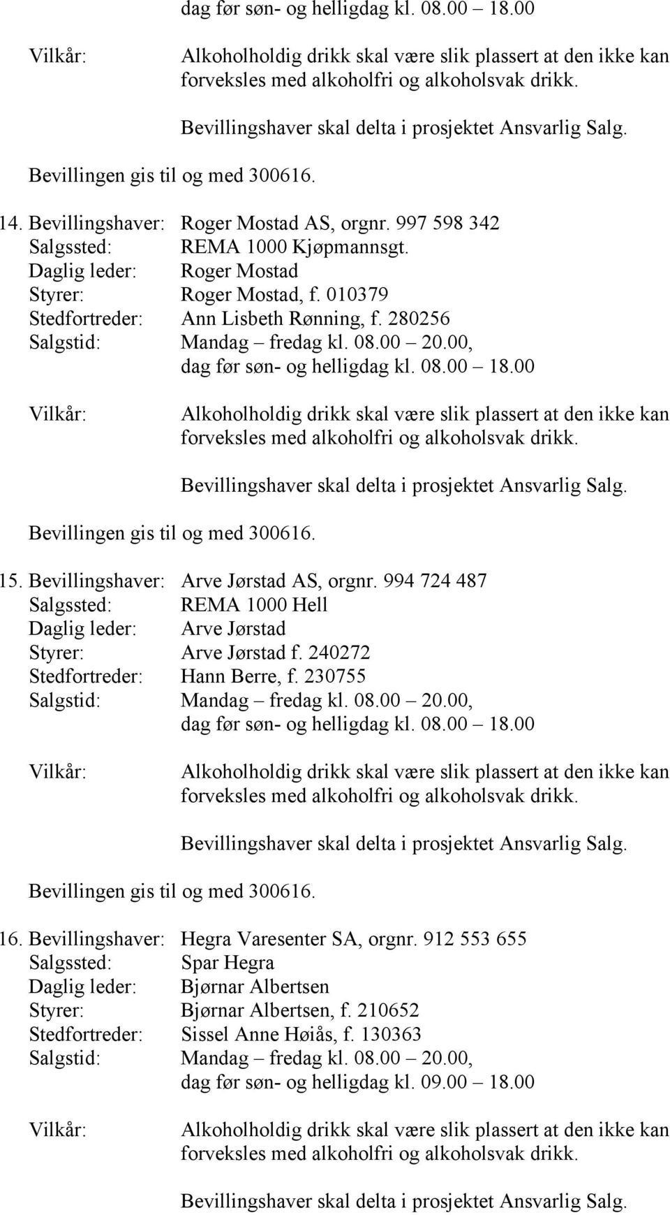 994 724 487 Salgssted: REMA 1000 Hell Daglig leder: Arve Jørstad Styrer: Arve Jørstad f. 240272 Stedfortreder: Hann Berre, f. 230755 16.