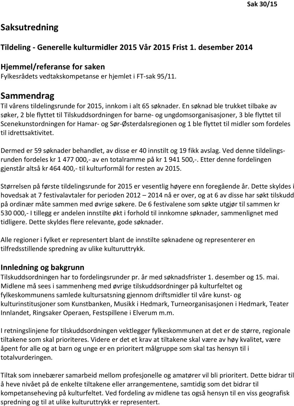 En søknad ble trukket tilbake av søker, 2 ble flyttet til Tilskuddsordningen for barne- og ungdomsorganisasjoner, 3 ble flyttet til Scenekunstordningen for Hamar- og Sør-Østerdalsregionen og 1 ble