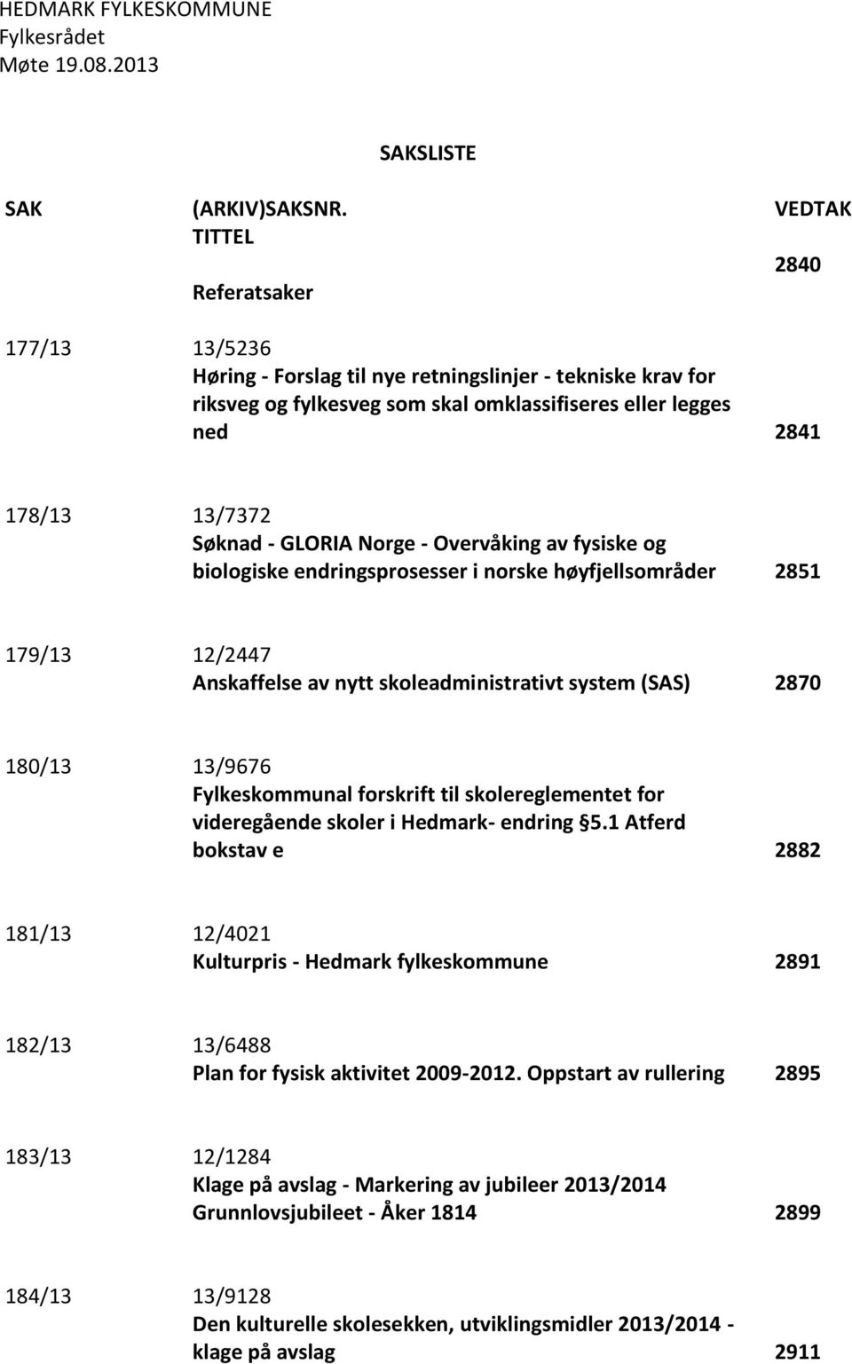 GLORIA Norge - Overvåking av fysiske og biologiske endringsprosesser i norske høyfjellsområder 2851 179/13 12/2447 Anskaffelse av nytt skoleadministrativt system (SAS) 2870 180/13 13/9676