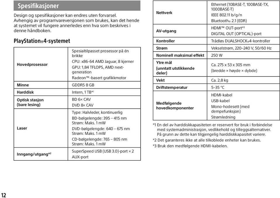 PlayStation 4-systemet Spesialtilpasset prosessor på én brikke CPU: x86-64 AMD Jaguar, 8 kjerner Hovedprosessor GPU: 1,84 TFLOPS, AMD nextgeneration Radeon -basert grafikkmotor Minne GDDR5 8 GB