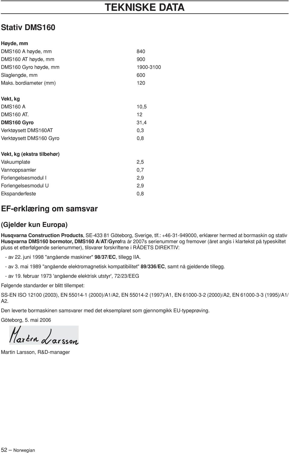 0,8 EF-erklæring om samsvar (Gjelder kun Europa) Husqvarna Construction Products, SE-433 81 Göteborg, Sverige, tlf.