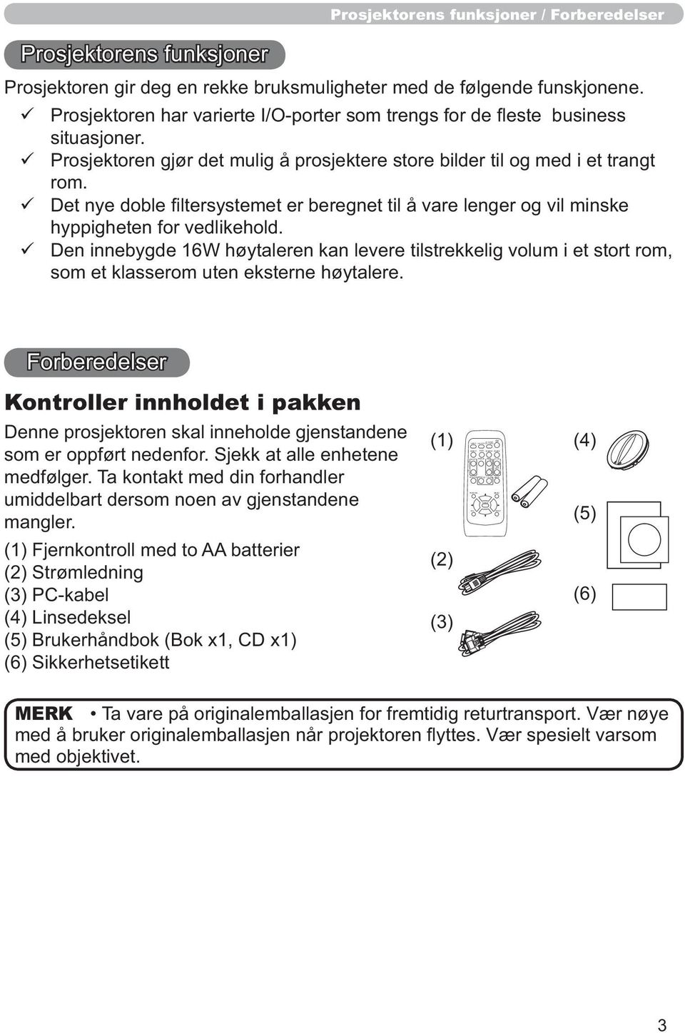 Prosjektoren gir deg en rekke bruksmuligheter med de følgende funskjonene. Prosjektoren har varierte I/O-porter som trengs for de fleste business situasjoner.