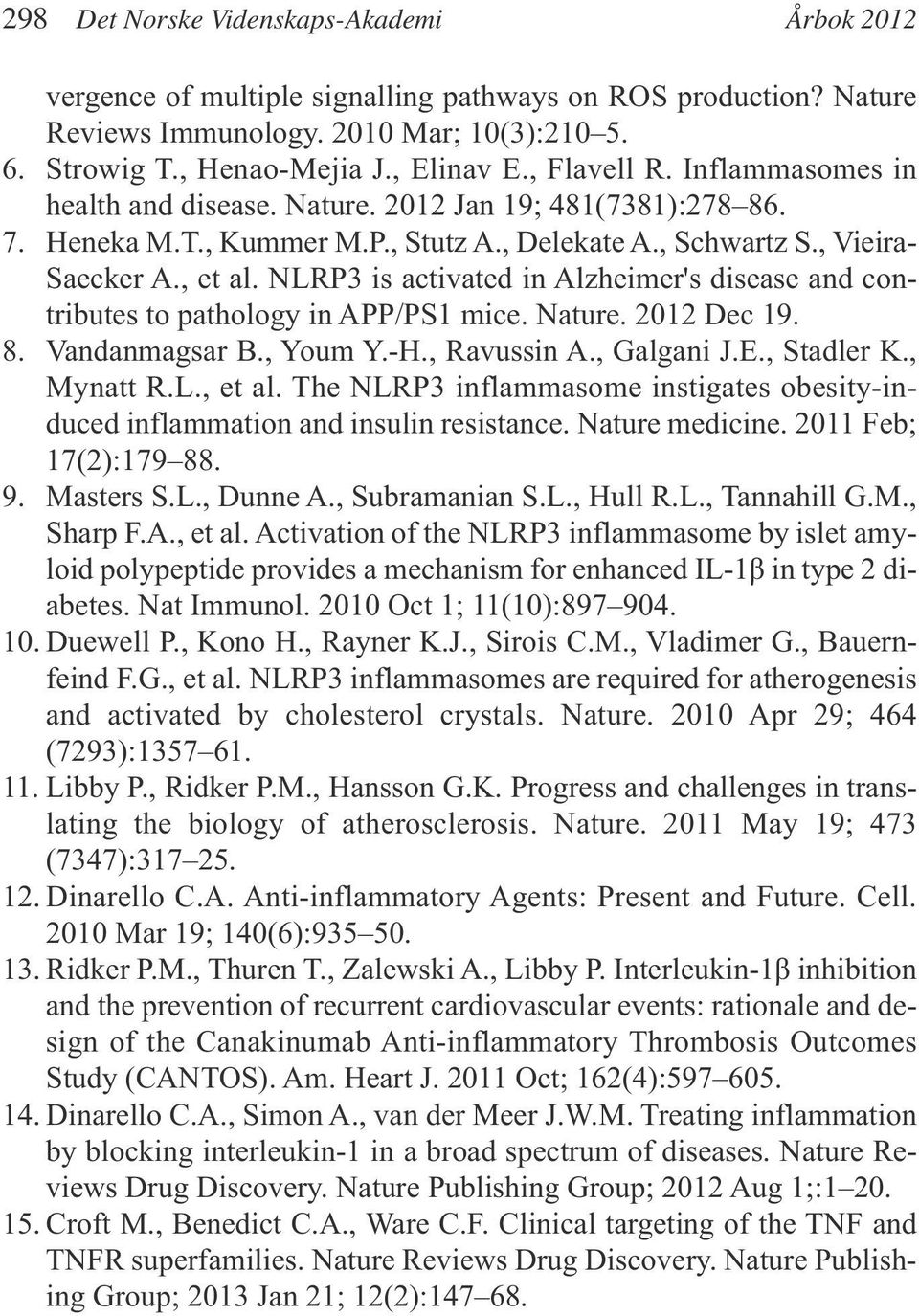 NLRP3 is activated in Alzheimer's disease and contributes to pathology in APP/PS1 mice. Nature. 2012 Dec 19. 8. Vandanmagsar B., Youm Y.-H., Ravussin A., Galgani J.E., Stadler K., Mynatt R.L., et al.