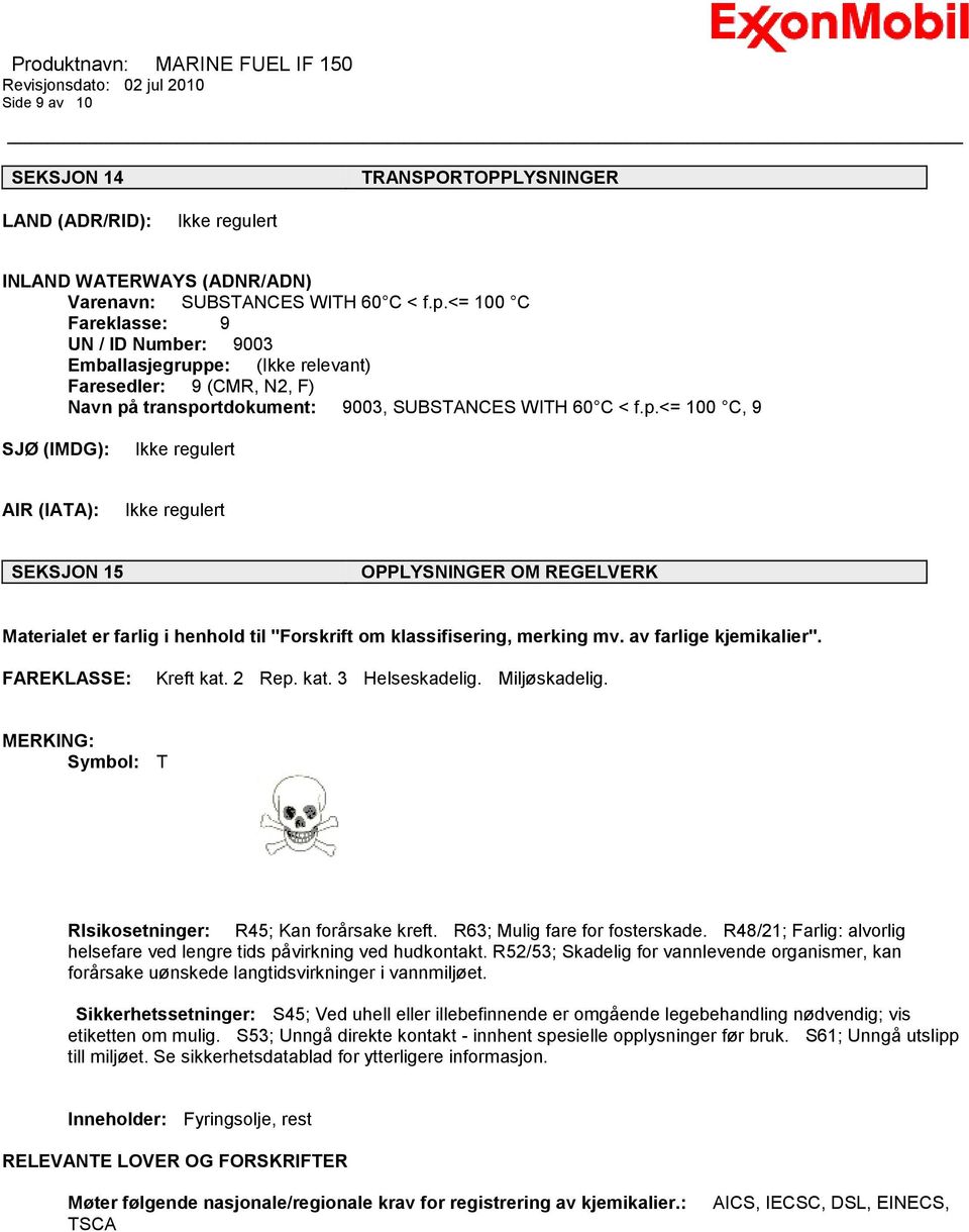 e: (Ikke relevant) Faresedler: 9 (CMR, N2, F) Navn på