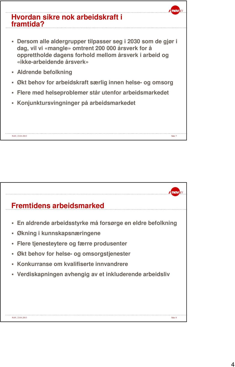 årsverk» Aldrende befolkning Økt behov for arbeidskraft særlig innen helse- og omsorg Flere med helseproblemer står utenfor arbeidsmarkedet Konjunktursvingninger på arbeidsmarkedet NAV,