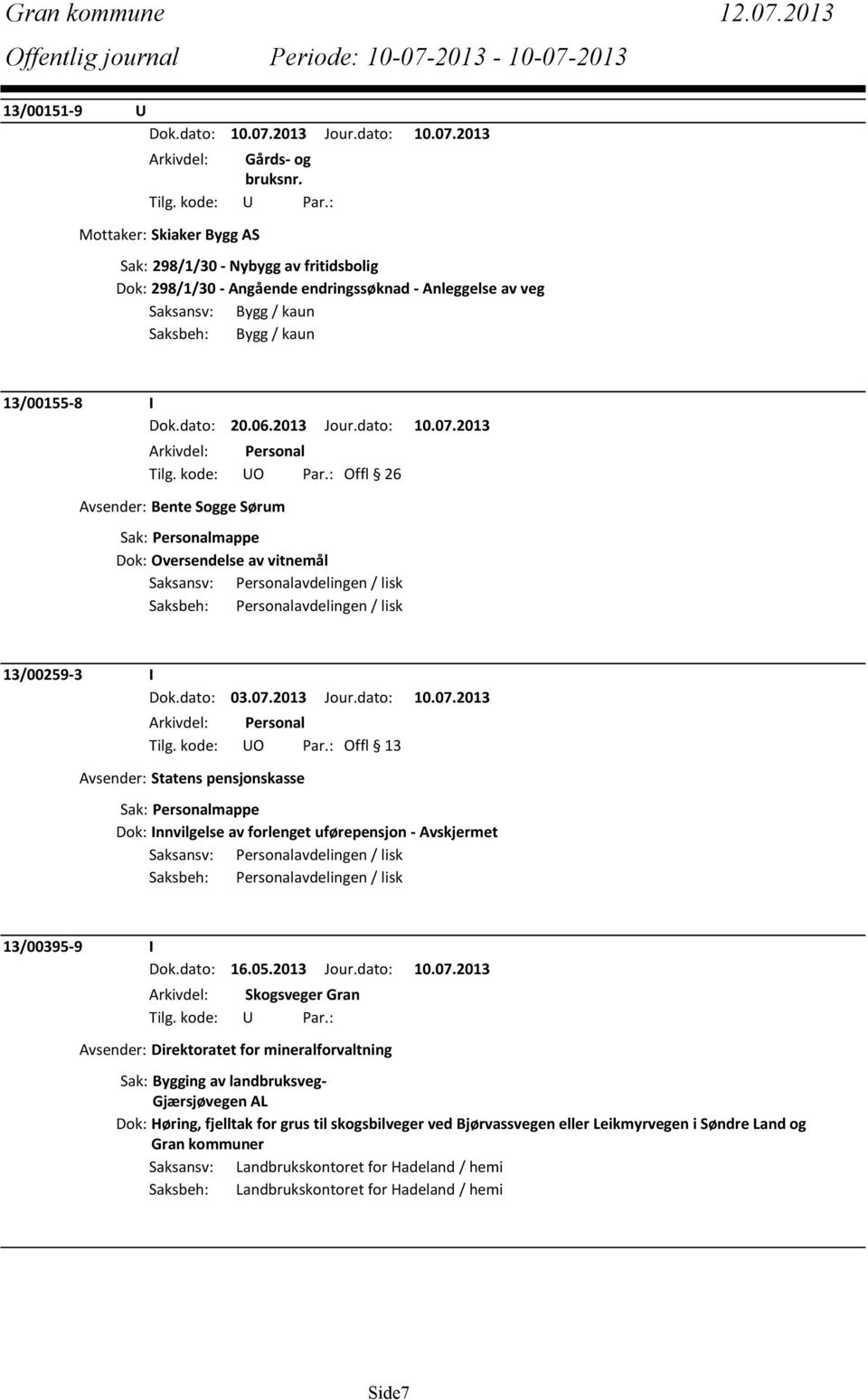 : Offl 26 Avsender: Bente Sogge Sørum Dok: Oversendelse av vitnemål Saksansv: Personalavdelingen / lisk Saksbeh: Personalavdelingen / lisk 13/00259-3 I Dok.dato: 03.07.2013 Jour.dato: 10.07.2013 Tilg.