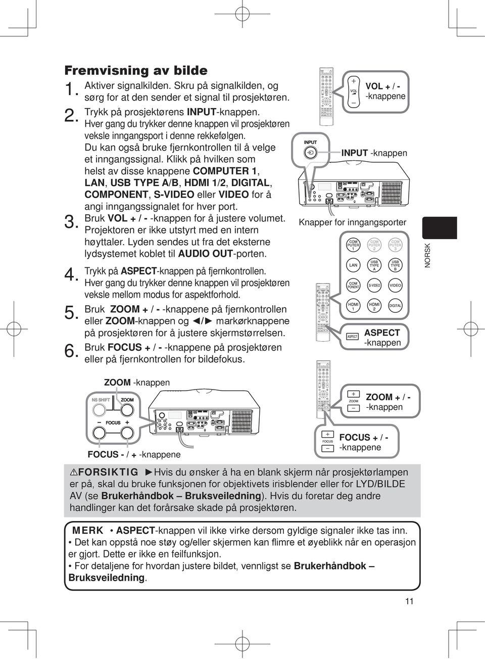 Klikk på hvilken som helst av disse knappene COMPUTER 1, LAN, USB TYPE A/B, HDMI 1/2, DIGITAL, COMPONENT, S-VIDEO eller VIDEO for å angi inngangssignalet for hver port.