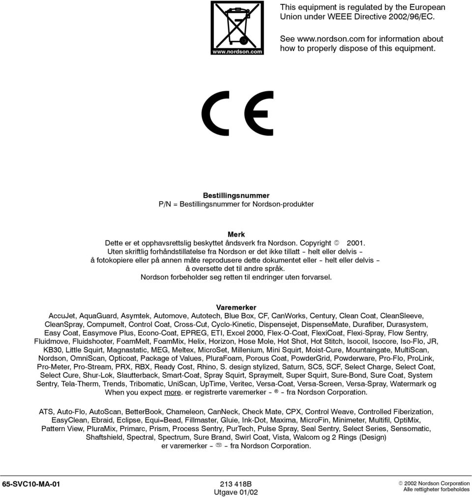 Uten skriftlig forhåndstillatelse fra Nordson er det ikke tillatt -- helt eller delvis -- å fotokopiere eller på annen måte reprodusere dette dokumentet eller -- helt eller delvis -- å oversette det