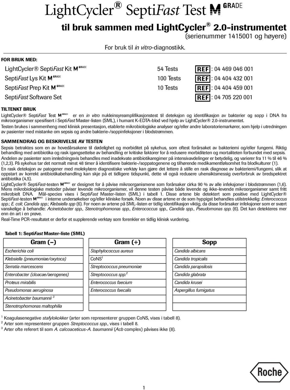 220 001 TILTENKT BRUK LightCycler SeptiFast Test MG er en in vitro nukleinsyreamplifikasjonstest til deteksjon og identifikasjon av bakterier og sopp i DNA fra mikroorganismer spesifisert i SeptiFast