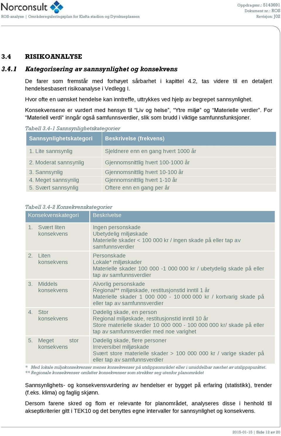 Konsekvensene er vurdert med hensyn til Liv og helse, Ytre miljø og Materielle verdier. For Materiell verdi inngår også samfunnsverdier, slik som brudd i viktige samfunnsfunksjoner. Tabell 3.