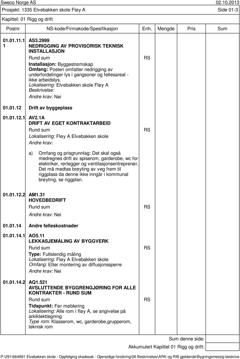 Lokalisering: Elvebakken skole Fløy A Beskrivelse: Nei RS 01.01.12 Drift av byggeplass 01.01.12.1 AV2.