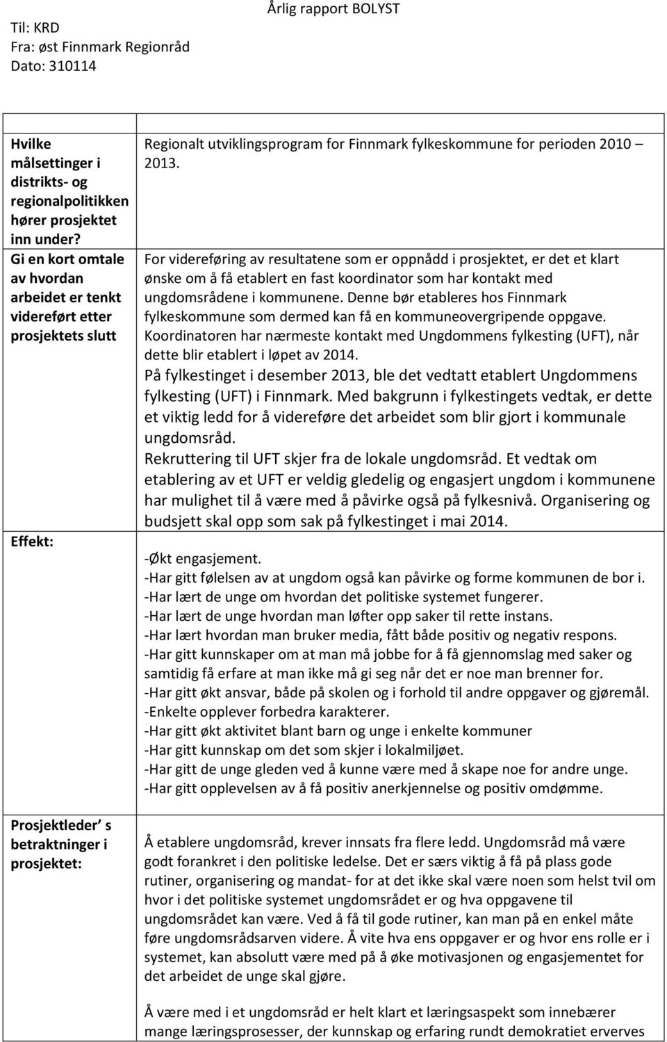 perioden 2010 2013. For videreføring av resultatene som er oppnådd i prosjektet, er det et klart ønske om å få etablert en fast koordinator som har kontakt med ungdomsrådene i kommunene.